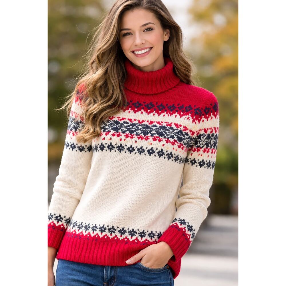 Lands’ End Fair Isle Turtleneck Sweater Red Cream Wool Blend Size XS